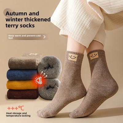 Herbst- und Wintersocken für Damen: Verdickte, Fleece, Kleine lächelnde Gesichtsschleife Socken, Warme Mittelschaftsocken, Bodensocken, Lange Wadenstrümpfe für Damen