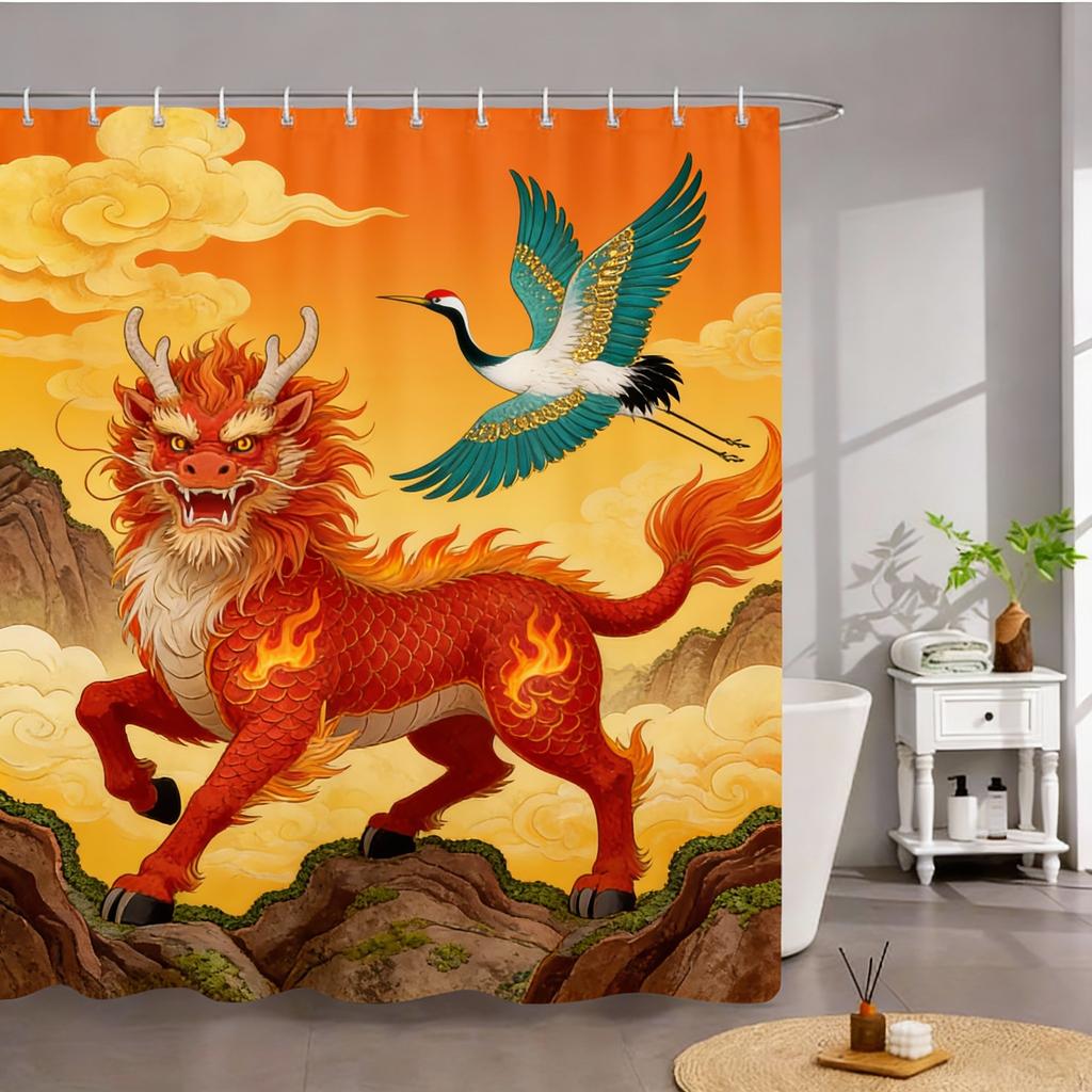 Dragon & Phoenix Print Waterproof Shower Curtain for Bathroom, Traditional Oriental Design High-End Toilet Partition Curtain