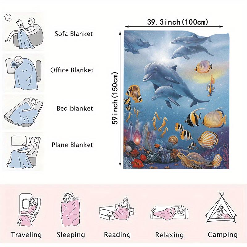 Underwater World Marine Animal Fleece Blanket, Dolphin Fish Coral Reef Pattern Cozy Cover Camping Office Living Room Daily Use
