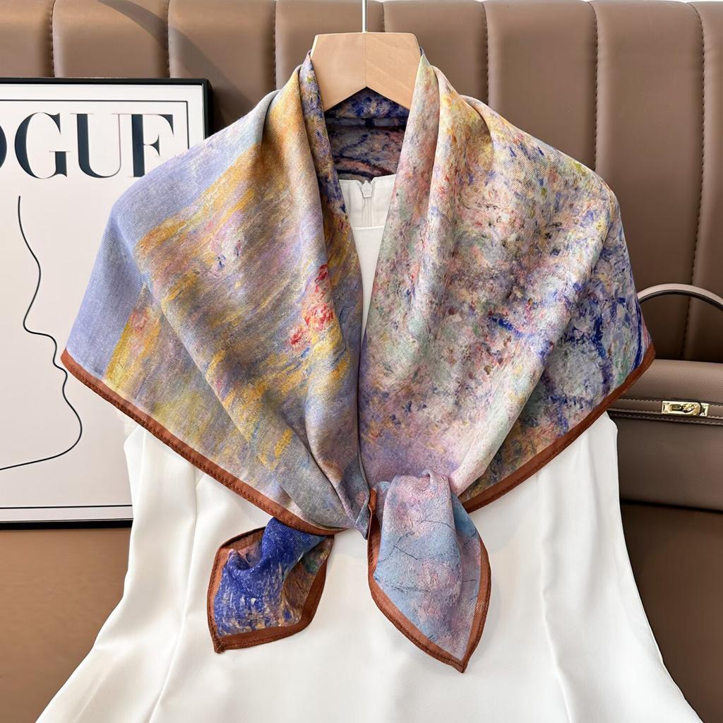 New Spring, Autumn and Winter Warm 91 Square Scarves Color Oil Painting Style Scarf Velvet Neck Scarf Shawl Women
