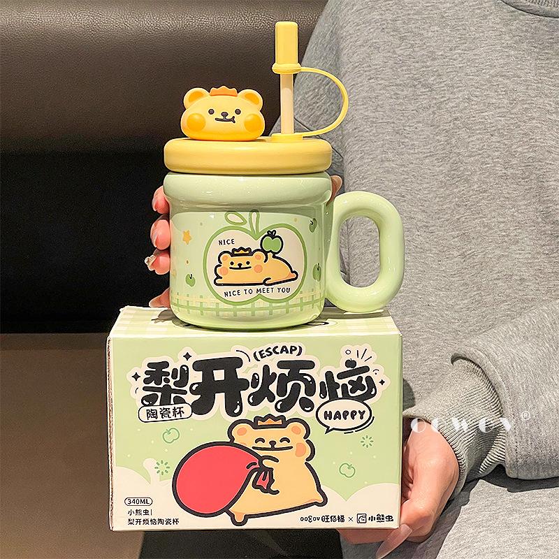 

Bear bug ceramic mug with lid couple water cup female birthday gift straw cup household drinking water office 540ml зелений