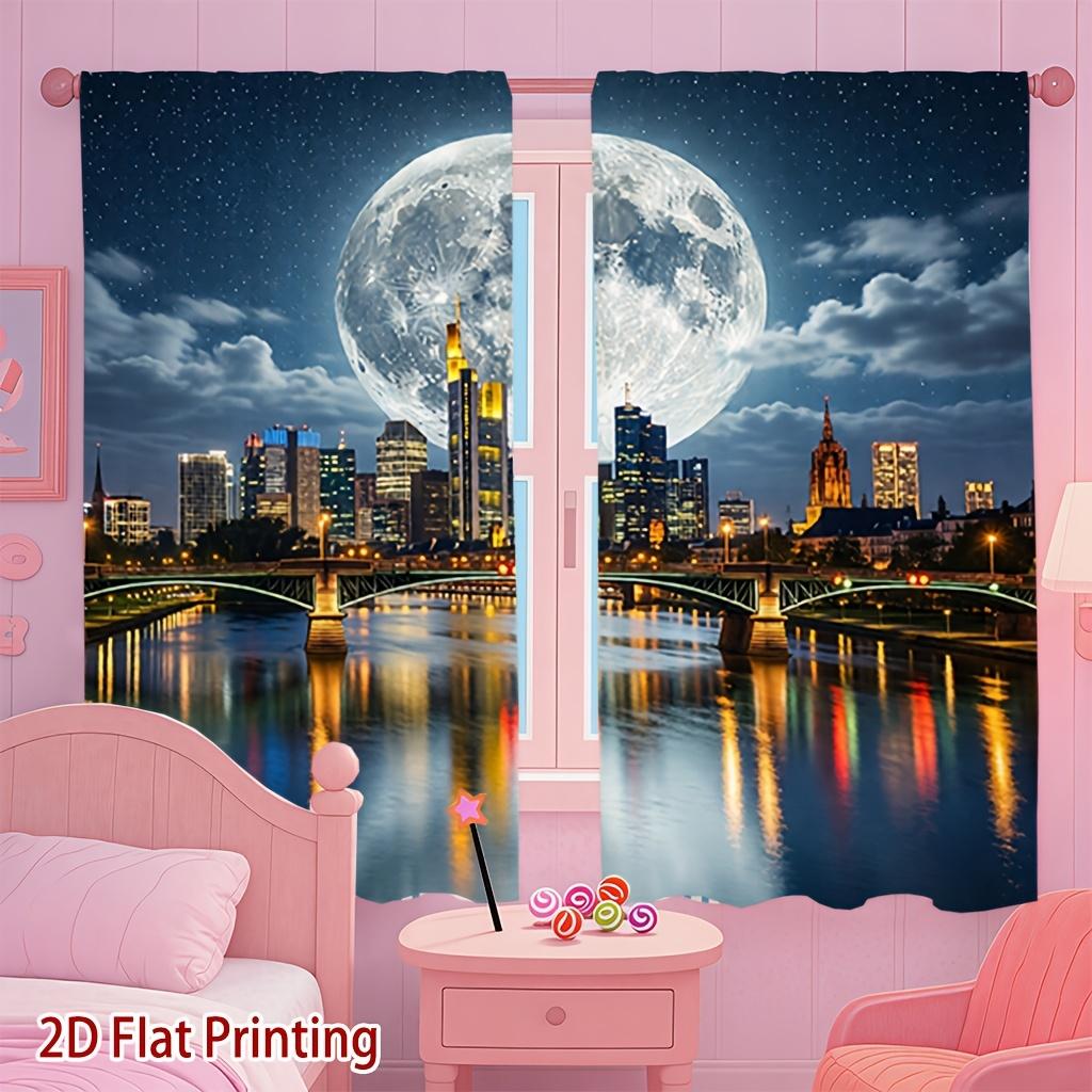 Abstract Full Moon Night Sky City Skyline Curtains Window Tapestry Decor Luxury Blue Polyester Curtain
