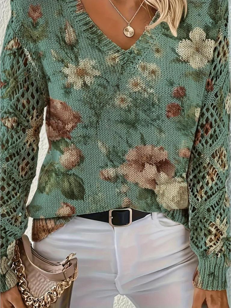 Women's Off-White V-Neck Knit Sweater with Blue Floral Pattern and Lace-Up Sleeve Detail