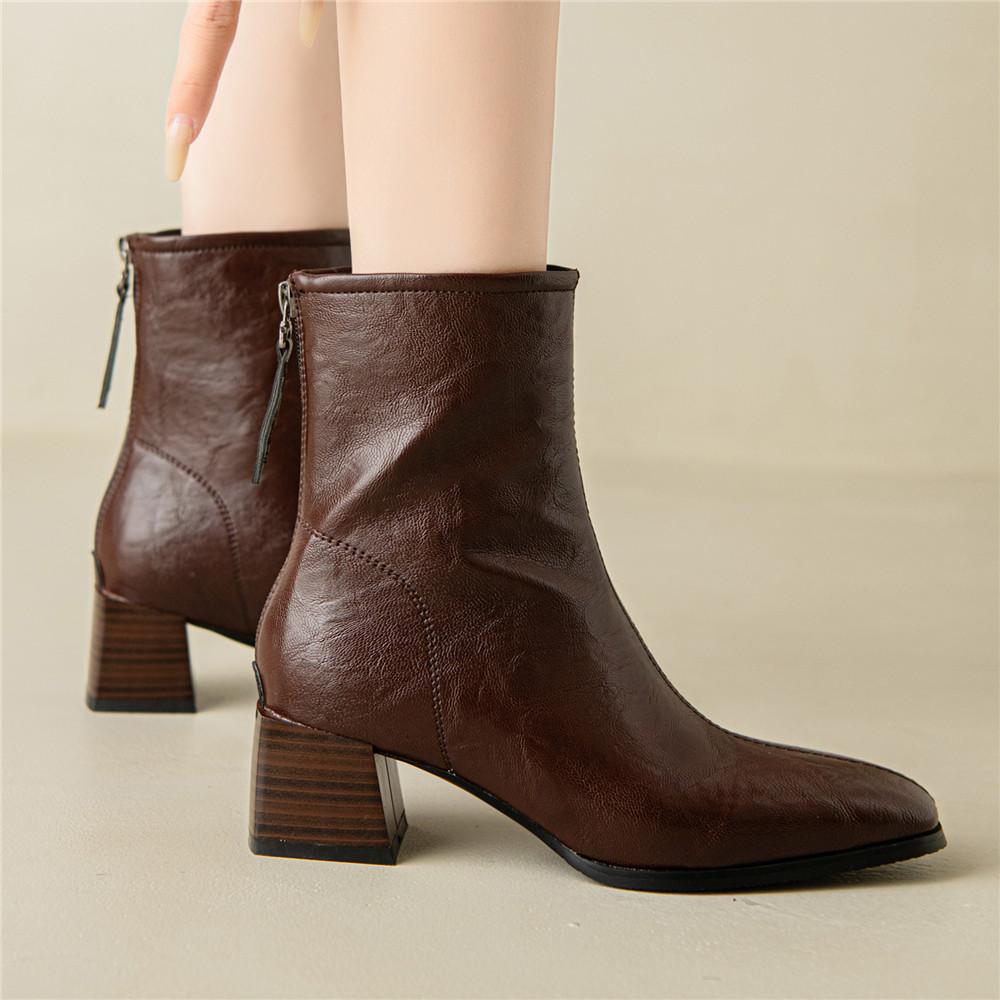 Fashion 2025 Autumn PU Leather Women Ankle Boots Back Zipper Close Modern Boots Thick High Heels Shoes Woman Boats Botines Mujer 32-43