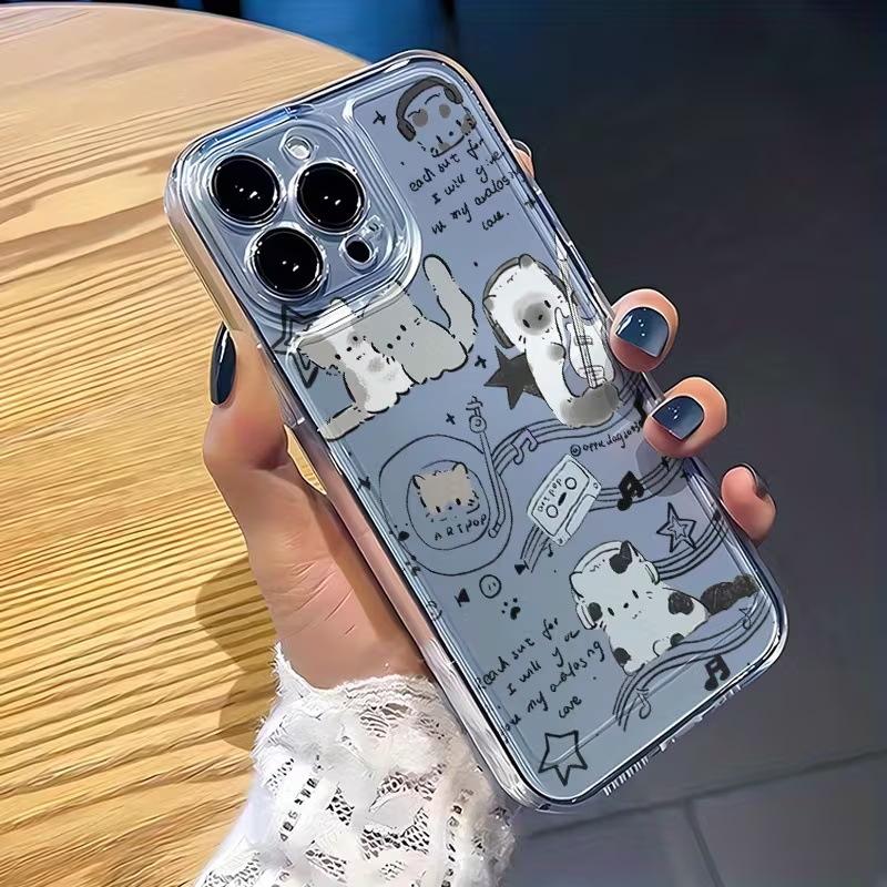 Line Music Cat Is Suitable for Apple 17 Transparent Case 16 All-inclusive Fine Hole iPhone15promax Anti-drop Protective Case.