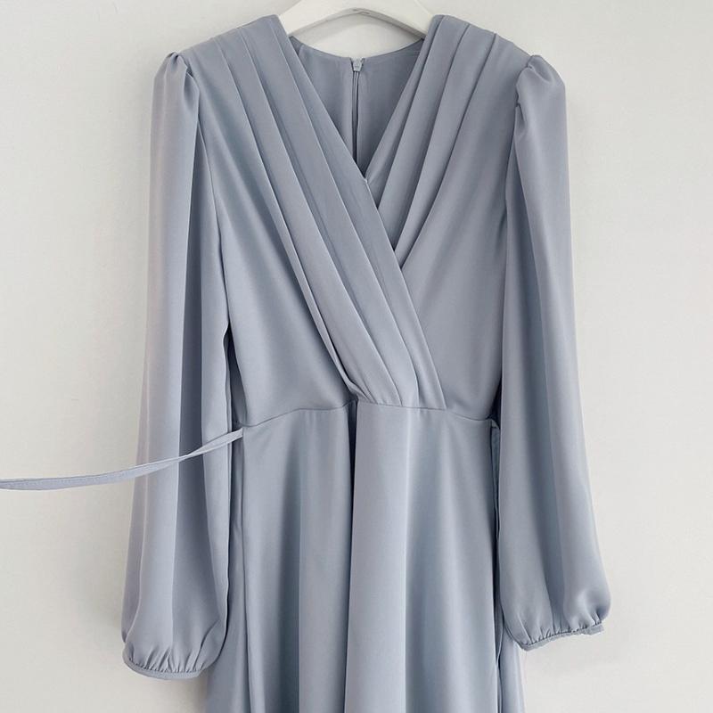 Nuovo Elegante Vestito Avvolgente Scollo a V Lunghezza Media Manica Lunga a Palloncino Linea ad A Svolazzante Vita Alta Vestito in Chiffon Adatto per il Lavoro e l'Uso Quotidiano Casual