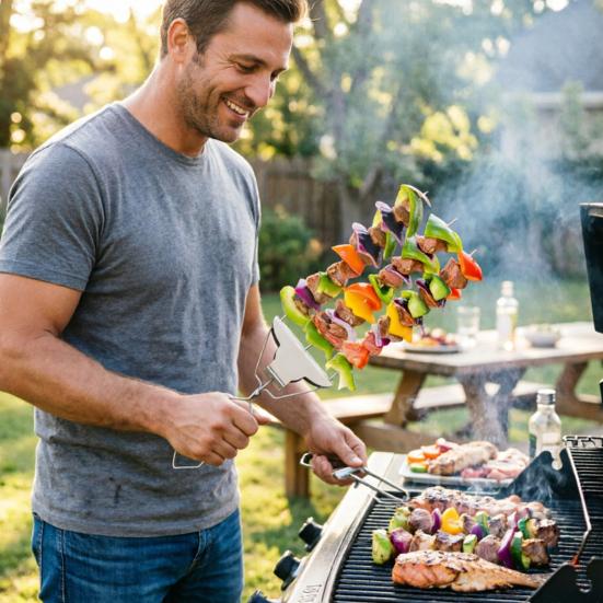 3-Prong BBQ Skewers Set Stainless Steel Grill Skewers with Push Slider Bar Dishwasher Safe Three-Prong Kabob Sticks for Meat Veggies Shrimp