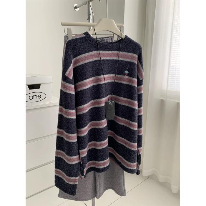 

Plus Size Striped Color Block Embroidered Base Layer T-Shirt for Women 3XL