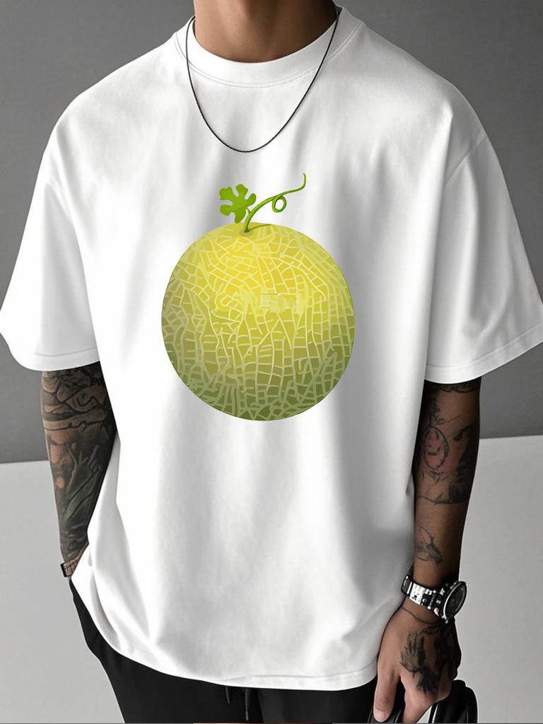 Unisex Summer White Short Sleeve Tee Fresh Honey Melon Fruit Graphic Print Crew Neck Loose Casual Streetwear Male Fashion Tops