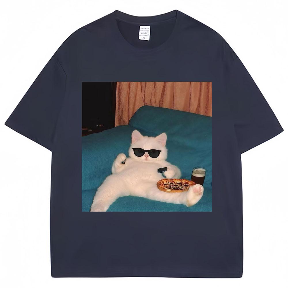 Funny Glasses Cat and Pizza Meme Tshirt Unisex Women Creativity Fashion Kawaii T Shirts Loose Cotton Casual Tees Cat Lovers Gifts