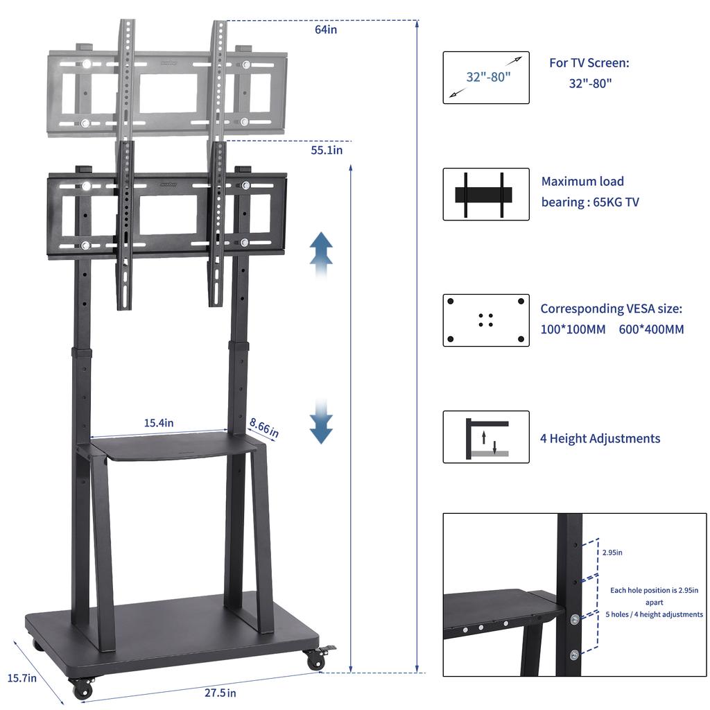 Tall TV Cart Mobile TV Stand Adjustable Large Floor TV Stand Load Capacity 40kg
