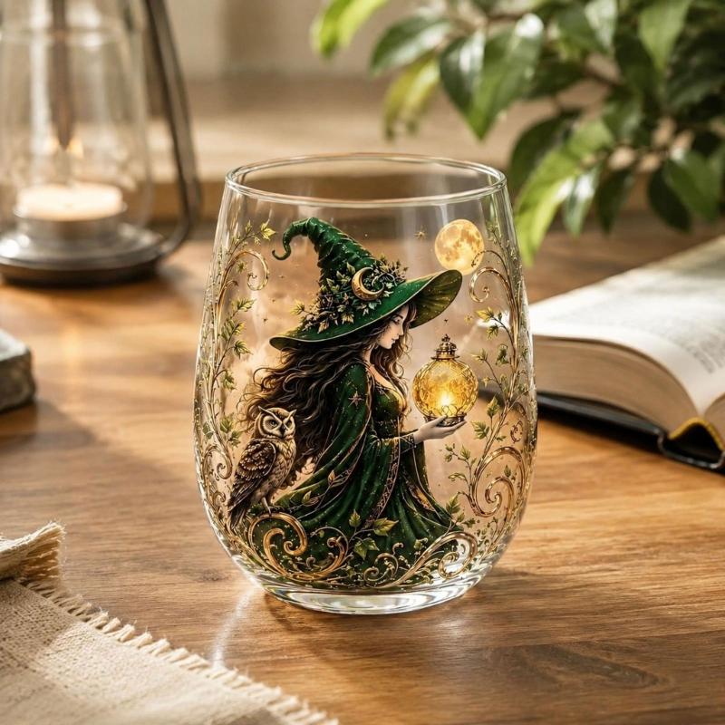 Decorative Witch Glass Cup with a Clear Stemless Form for Herbal Tea, Fruit Tea, Candy, and Seasonal Table Service
