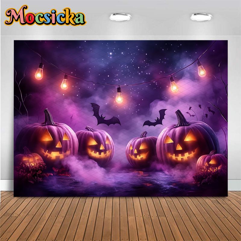 Mocsicka Halloween Backdrop Photography Purple Pumpkin Party Children Photo Backgrounds Dark Forest Lamps Bat Decorations Banner