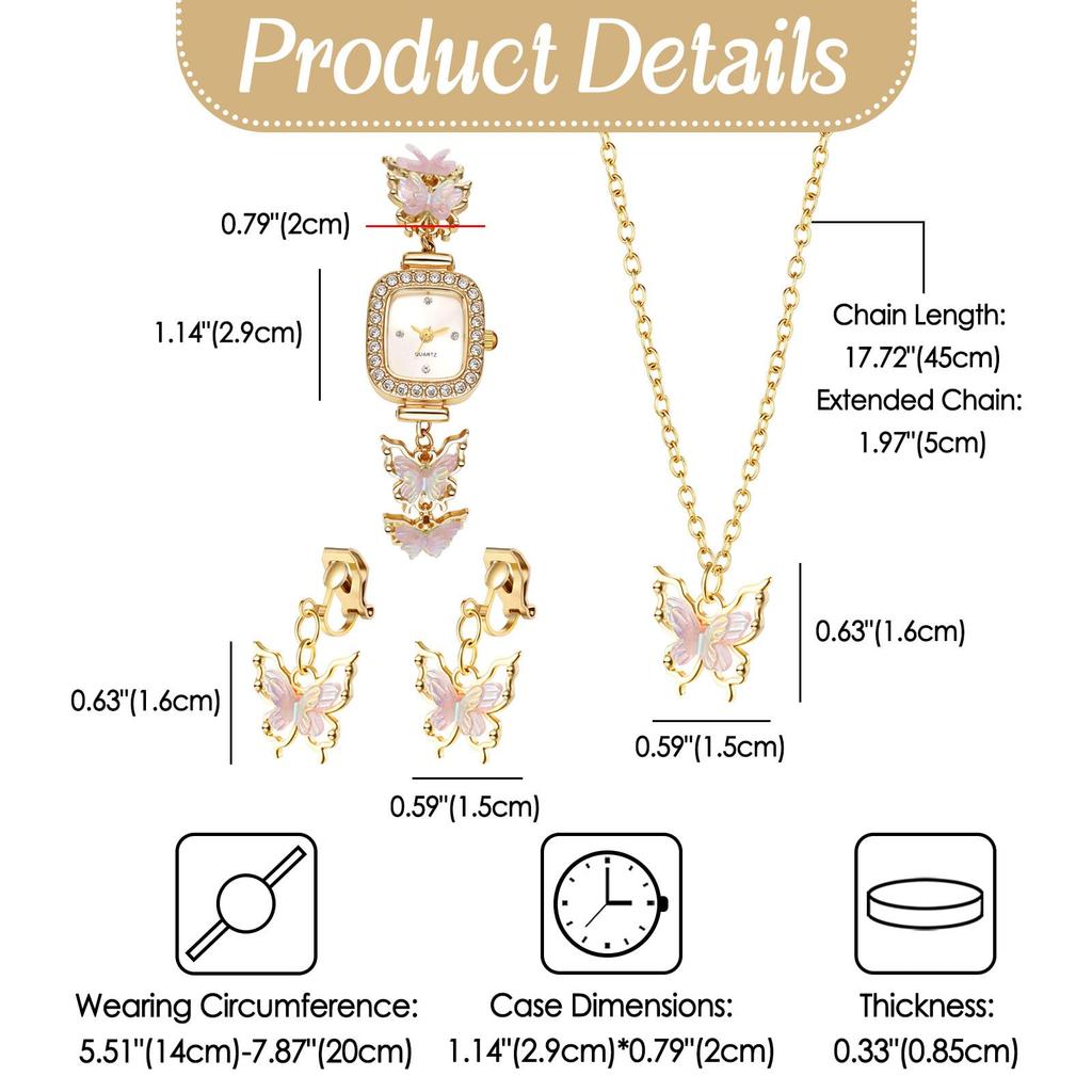 Women's Butterfly Watch Earrings Necklace Cute Stylish Waterproof Analog Quartz Watch Fashion Accessory for Women - Birthday Anniversary Mother's
