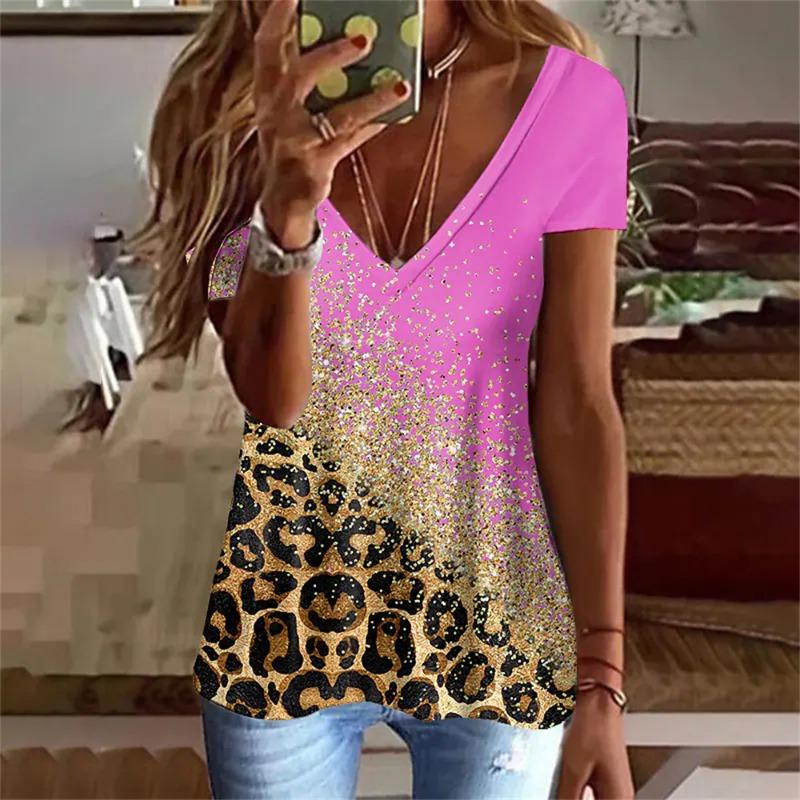 Módní tričko s 3D potiskem leoparda Dámské Y2k topy Streetwear Harajuku Trička s krátkým rukávem Trička s výstřihem do V Dámské nadměrné oblečení