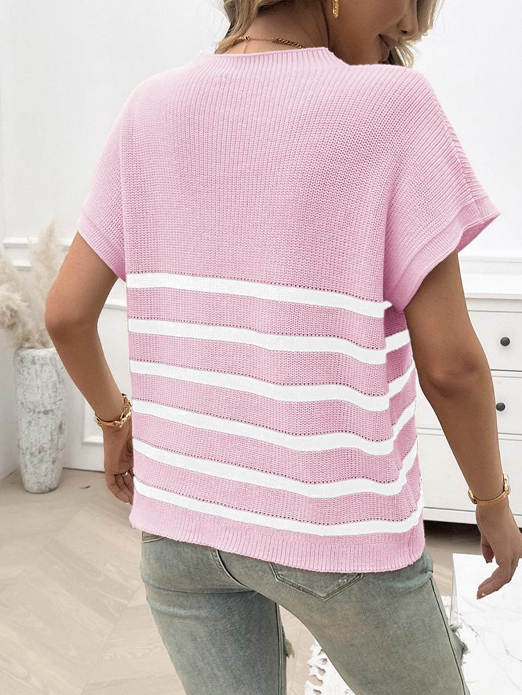 Women's Round Neck Striped Color Block Short Sleeve Sweater