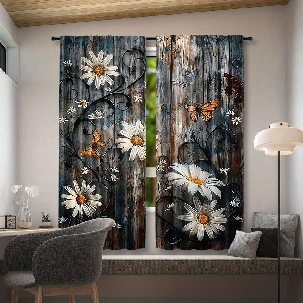 Set of 2   Butterfly Floral Curtains   Decorative Window Drapes with Wooden Door Design   Rod Pocket Style for Bedroom And Living R