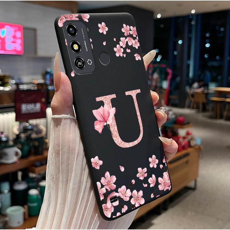 Black Case For ZTE Blade A53/A53+/Blade A53 Pro Flower Printing Initial Letters Phone Casing Soft Silicone Protective Back Cover