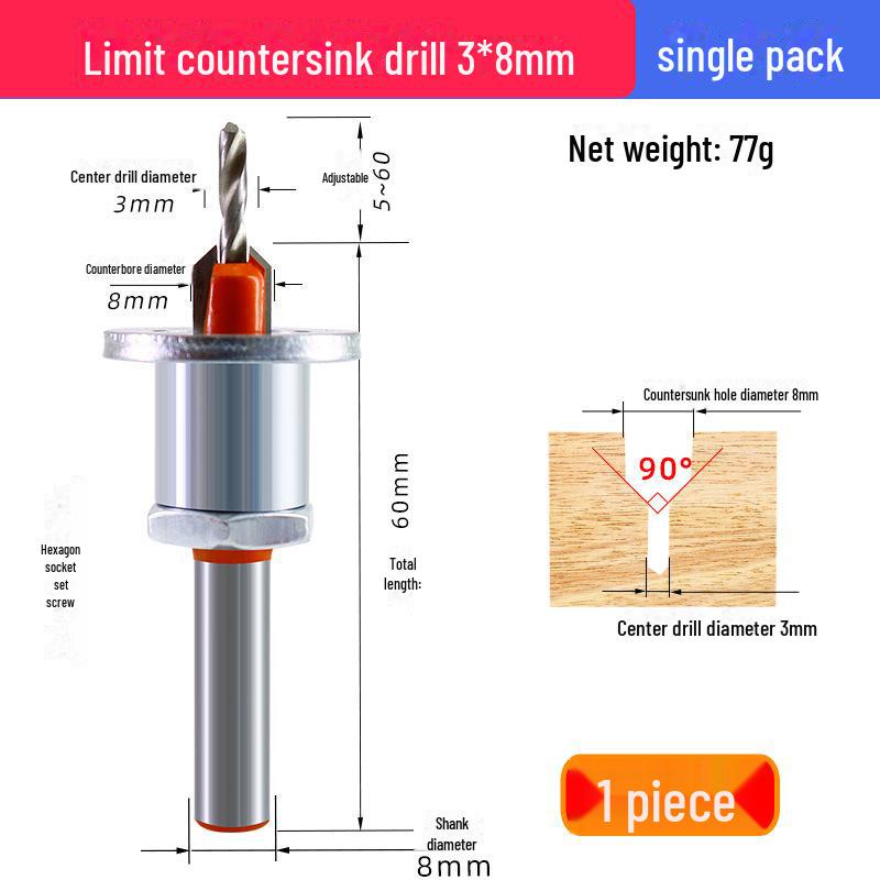 

Головка сверла-зенкера из сплава с ограничителем для деревообработки и установки шурупов 3*8mm with limit