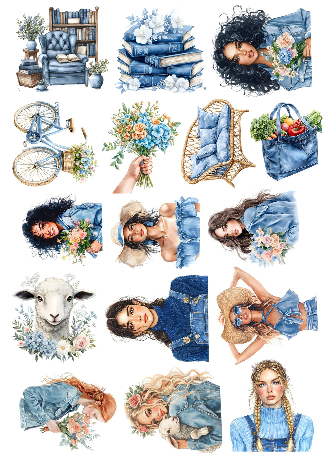 

1 Set Retro Rural Style Spring Blue Flower Character Girl Stickers DIY Diary Decoration Album Style Stationery Journal Supplies білий