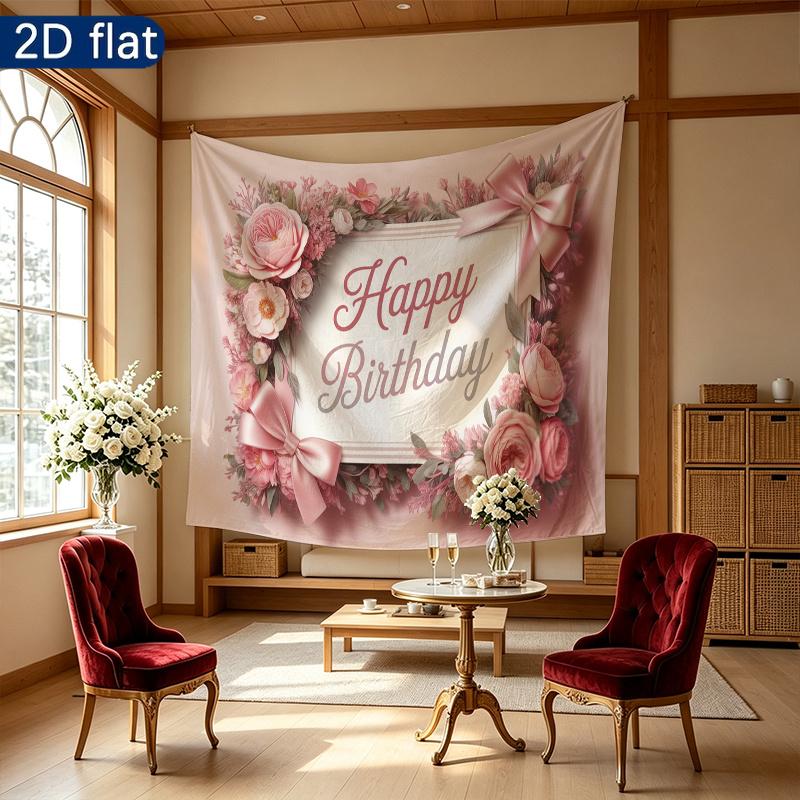 Party Banner Floral Gifts Polyester Fabric Birthday Backdrop, Polyester Wall Decor for Celebration & Photos