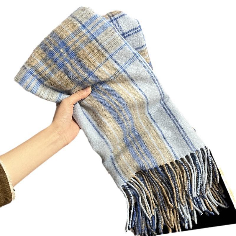 Autumn and winter new retro plaid scarf women's wool high-end student shawl thickened warm scarf