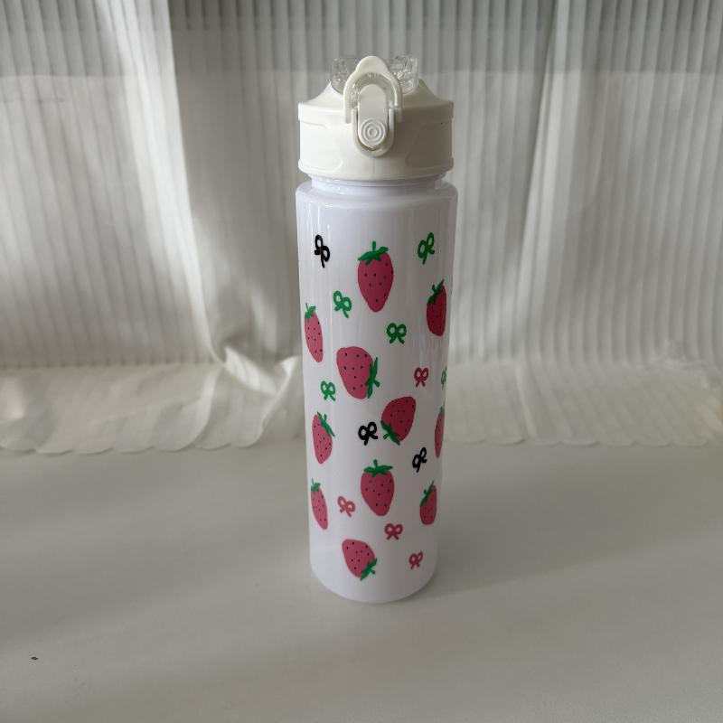 750ML Cute Floral Printed Water Bottle Cartoon Strawberry Bow Pattern Fadeless Portable for Picnic Beach Outdoor Use