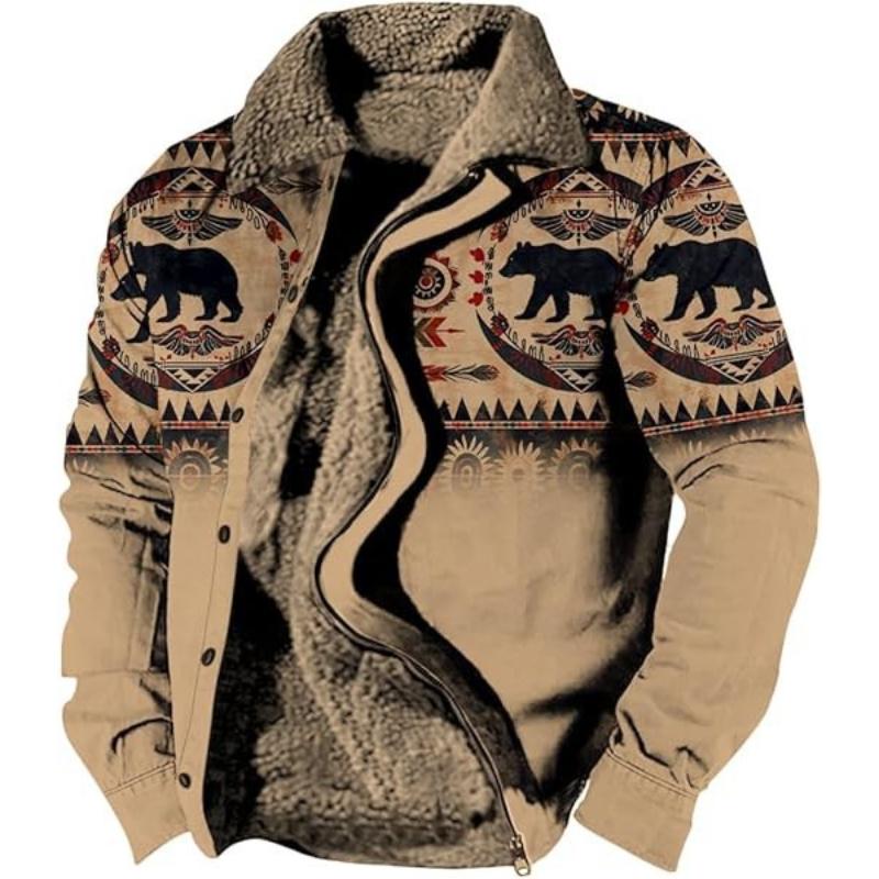 

Men s Western Style Aztec Print Jacket Sherpa Lined Collar Cow Skull Graphic Warm Winter Coat S золотой