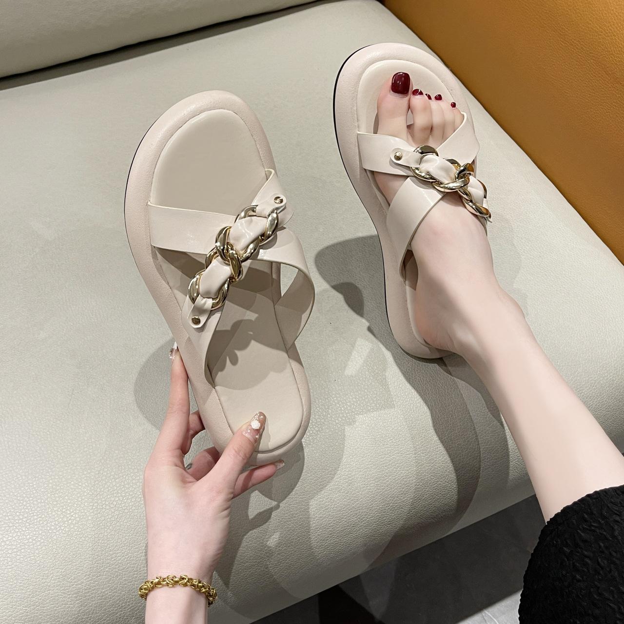 

Half slippers women s new fashion flat bottom cross metal chain flat bottom sandals 35