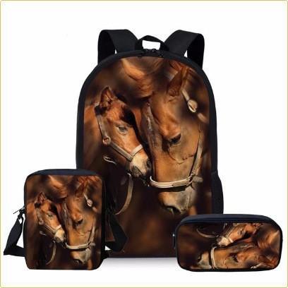 Prärie-Pferd-Muster Dreiteiliges Set, Schultasche, Federmäppchen, Umhängetasche, Lässiges 3D-Druck-Rucksack-Set.