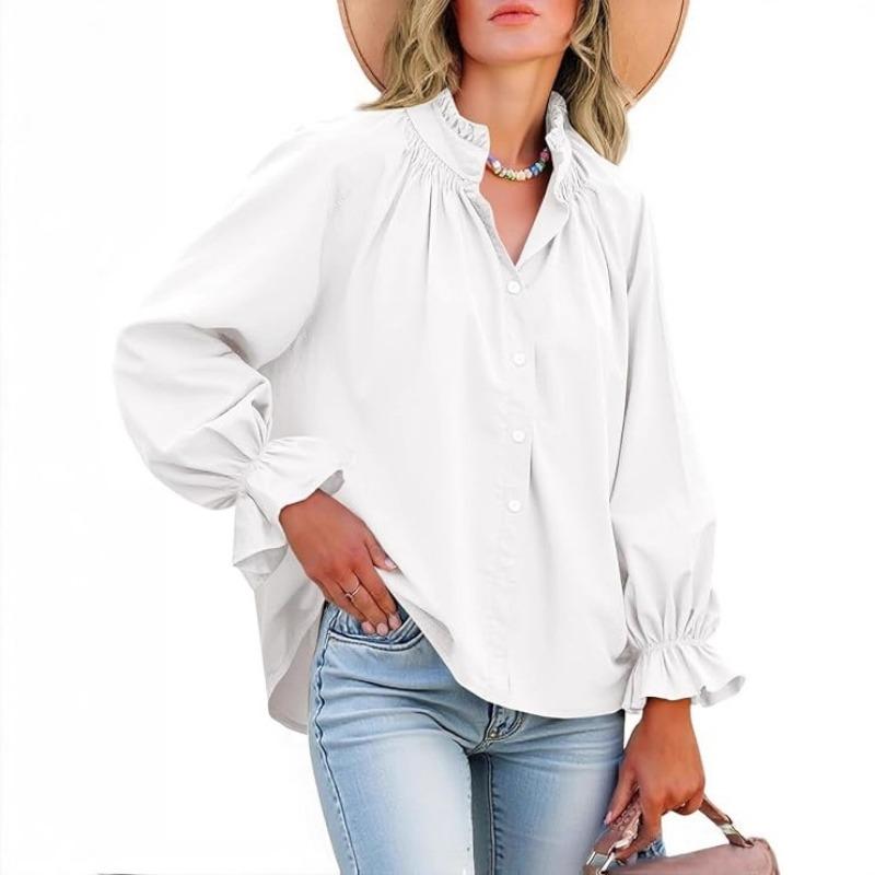 Spring and Autumn New Women's Elegant and Sweet Loose Casual Lantern Sleeve V-neck Ruffle Shirt