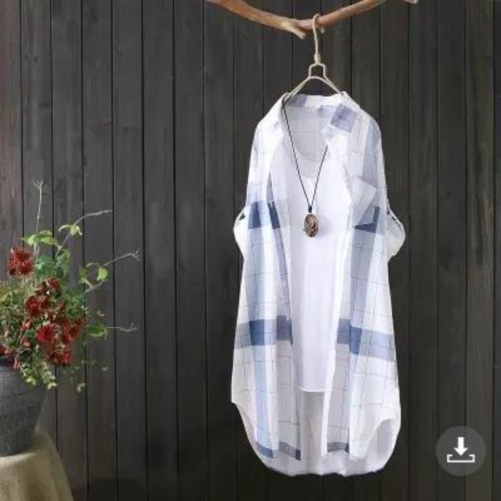 Women's Point Collar Long Sleeve Plaid Blouse Loose Fit Casual Cotton Tunic Shirt Outerwear