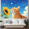 2D Cozy Cat and Sunflower with Starry Sky Live Stream Background Cloth for Vlog