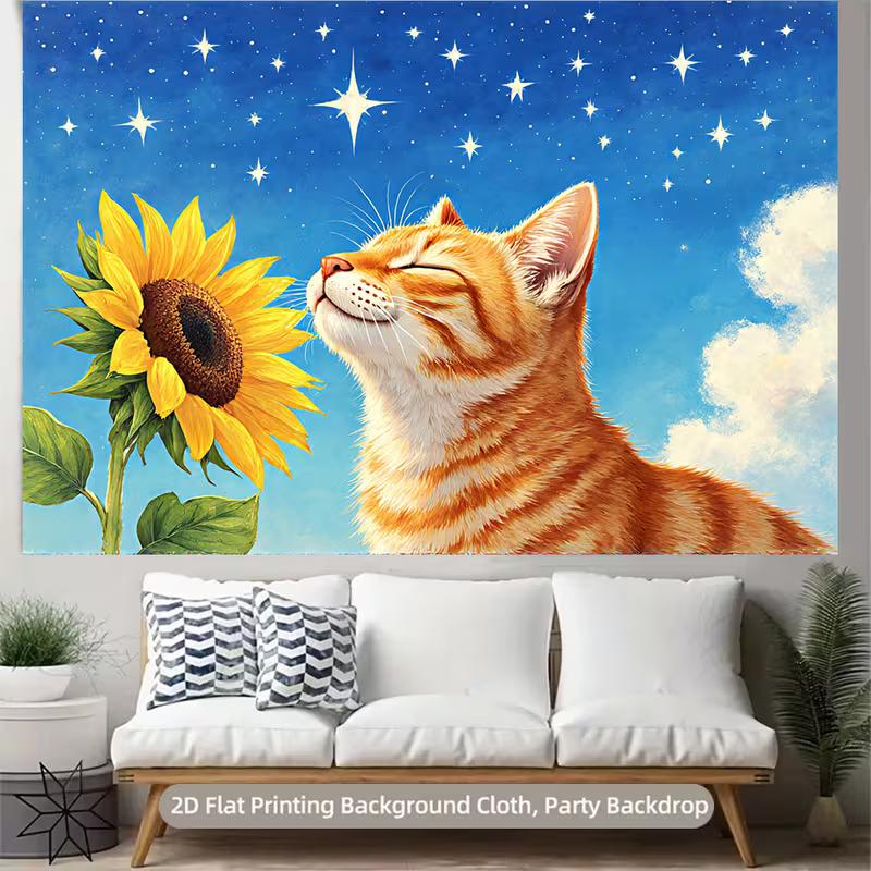 2D Cozy Cat and Sunflower with Starry Sky Live Stream Background Cloth for Vlog