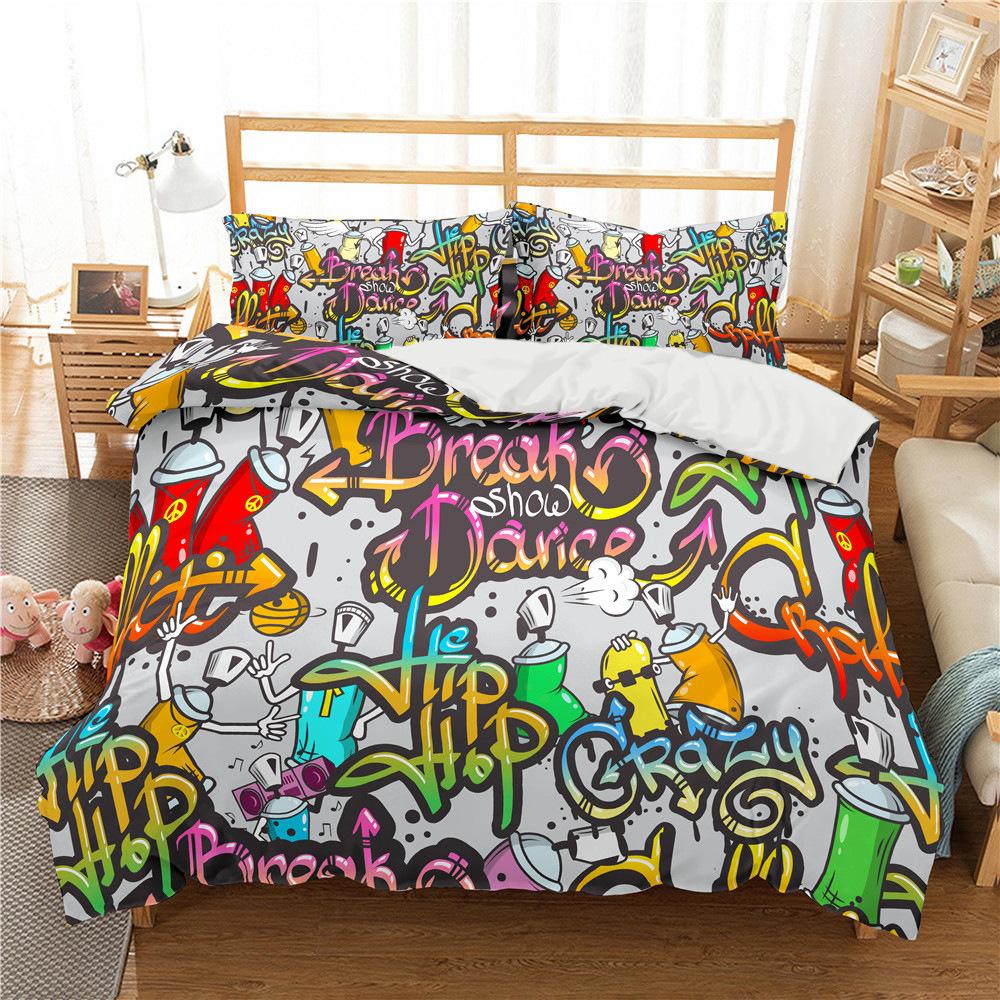 Three-Piece 3D Digital Cartoon Graffiti Pattern Printing Quilt Cover Bedding