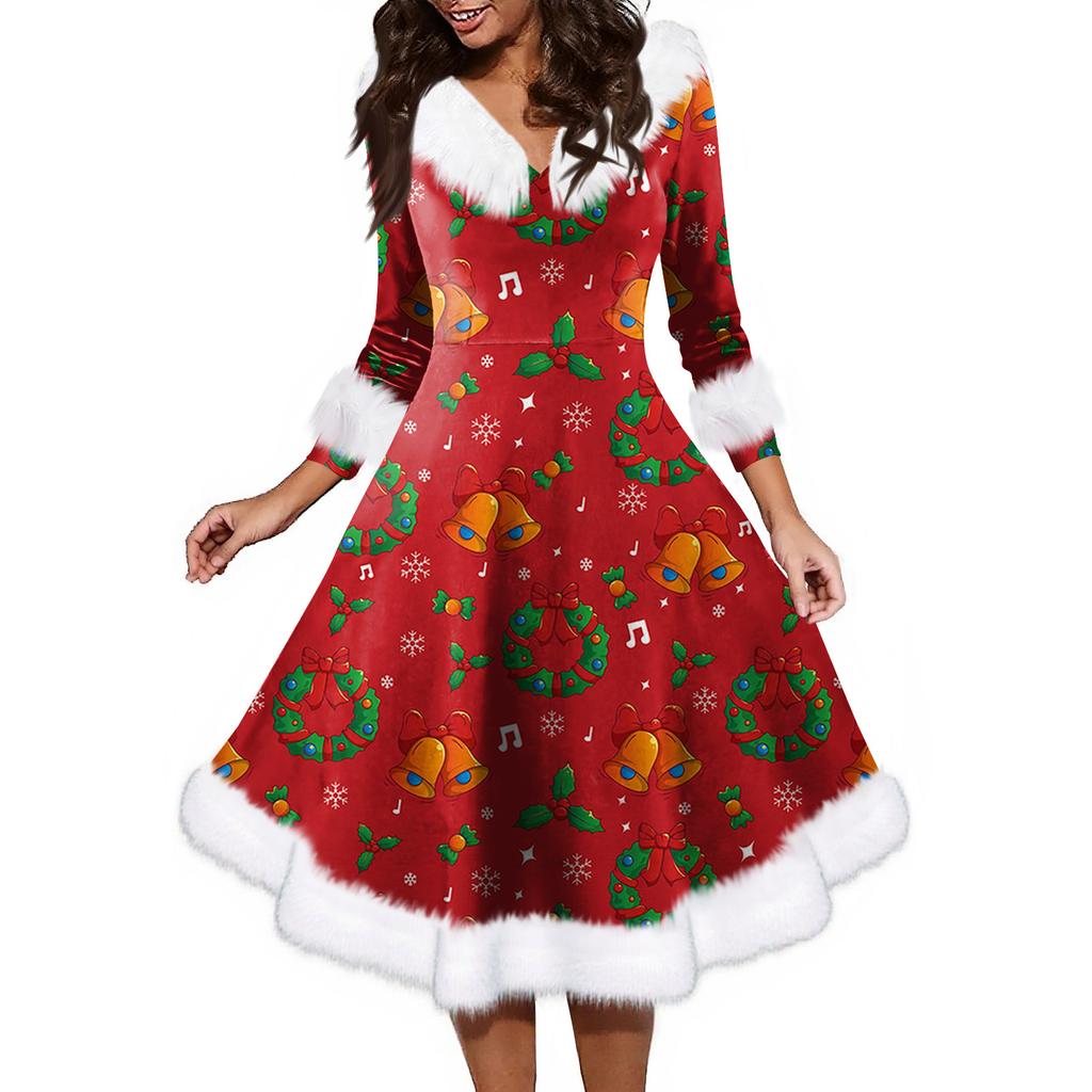 Women's Fashion V-neck Casual Fit Christmas Print Party Long Sleeve Dress
