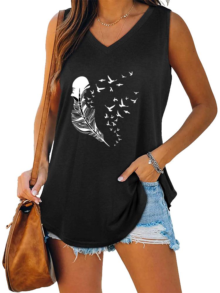 Women Fashion V Neck Printed Sleeveless Top Summer Casual Pullover Loose Tank Top