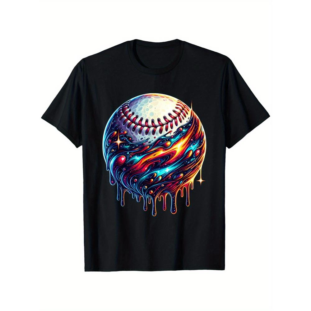 Cosmic Drip Baseball T-shirt Vibrant Space Themed Drip Baseball Print Casual Round Neck Short Sleeve Tee For Baseball Space Fans S разноцветный