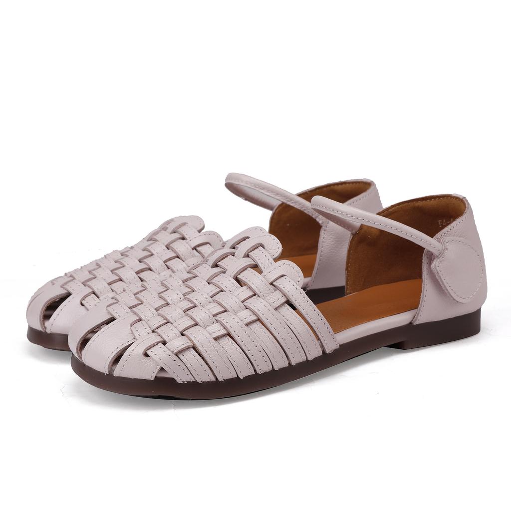 Johnature Hand Woven Cowhide Flat Sandals Retro Genuine Leather Round Toe Soft Soled Women's Shoes