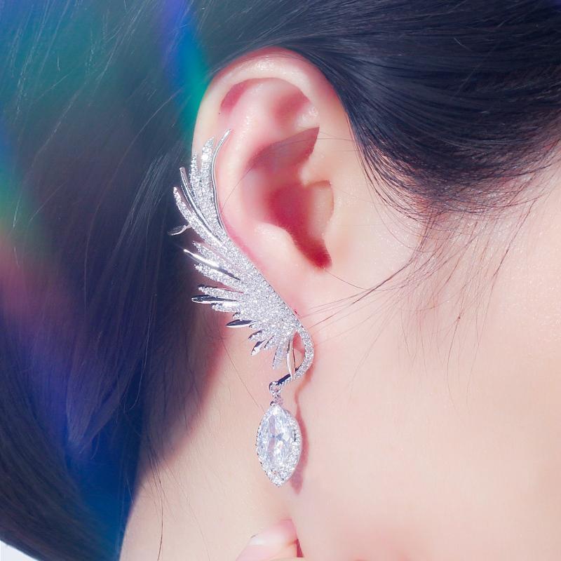 Zircons Luxury Full Cubic Zirconia Pave Popular Big Long Drop Feather Wing Ear Cuff Earrings For Women