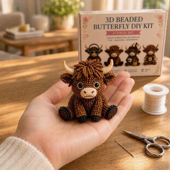 3D Perlen Highland Rind Bausatz für Erwachsene, Kleine 3D Perltiere, DIY Perlen-Set, Highland Rind Perlenstickerei Kits, 4 Niedliche Designs Rind Thema Perlenarbeiten