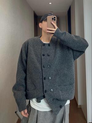 Hochwertiger Herren-Cardigan im koreanischen Stil mit doppelreihiger Knopfleiste: Lockerer lässiger Strickpullover-Mantel
