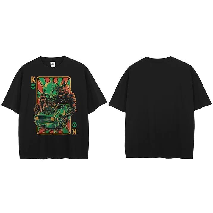 Men Hip Hop Streetwear TShirt Alien Attack Poker Graphic T Shirt Vintage Washed Black Print Tshirt Unisex Tops Tee Cotton