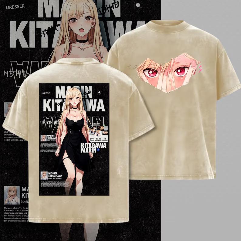 Kitagawa Marin Printed Tee Anime My Dress Up Darling Clothing Men Women Retro Washed T-shirts Cotton Tshirt Harajuku T Shirt