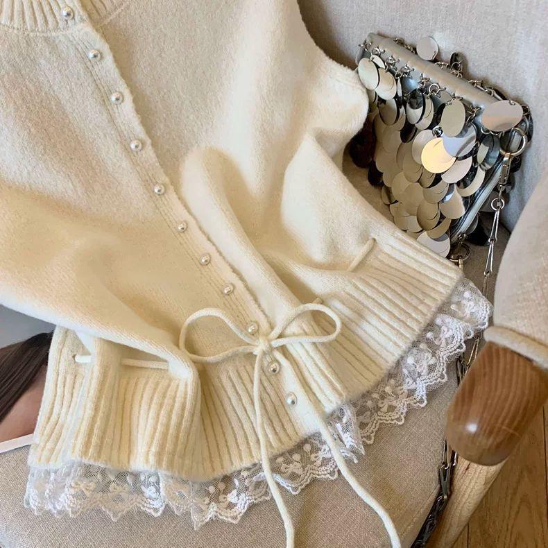 Sweater Vest Coats Women Patchwork Lace Lower Hem Lace-up Knitwear Cardigan Pearl Buckle Loose Sleeveless Round Neck Waistcoats