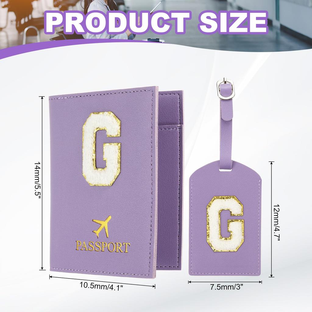 Travel Passport Luggage Tag Set with Initial Passport Cover and Alphabet Chenille Letter Travel Wallet Bag Suitcase Identifier for Women and Family
