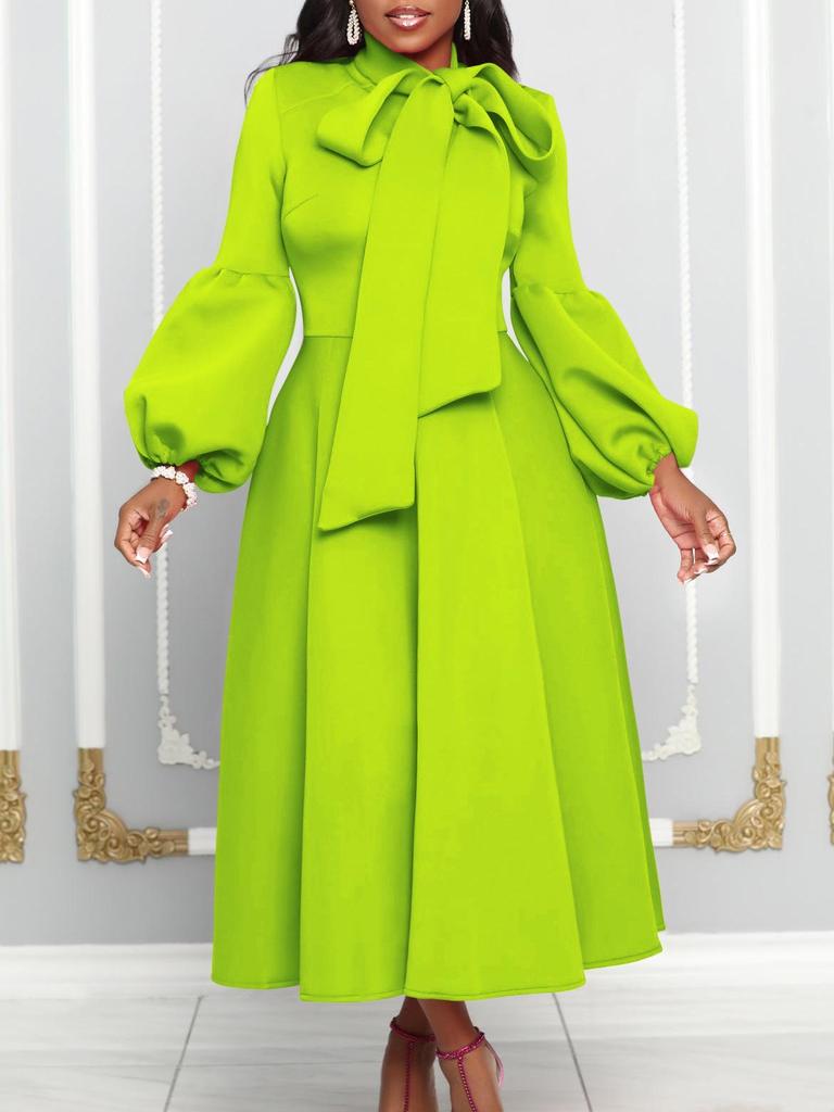 European & American Style High Waist Formal Dress with Puff Sleeves and Bow Tie