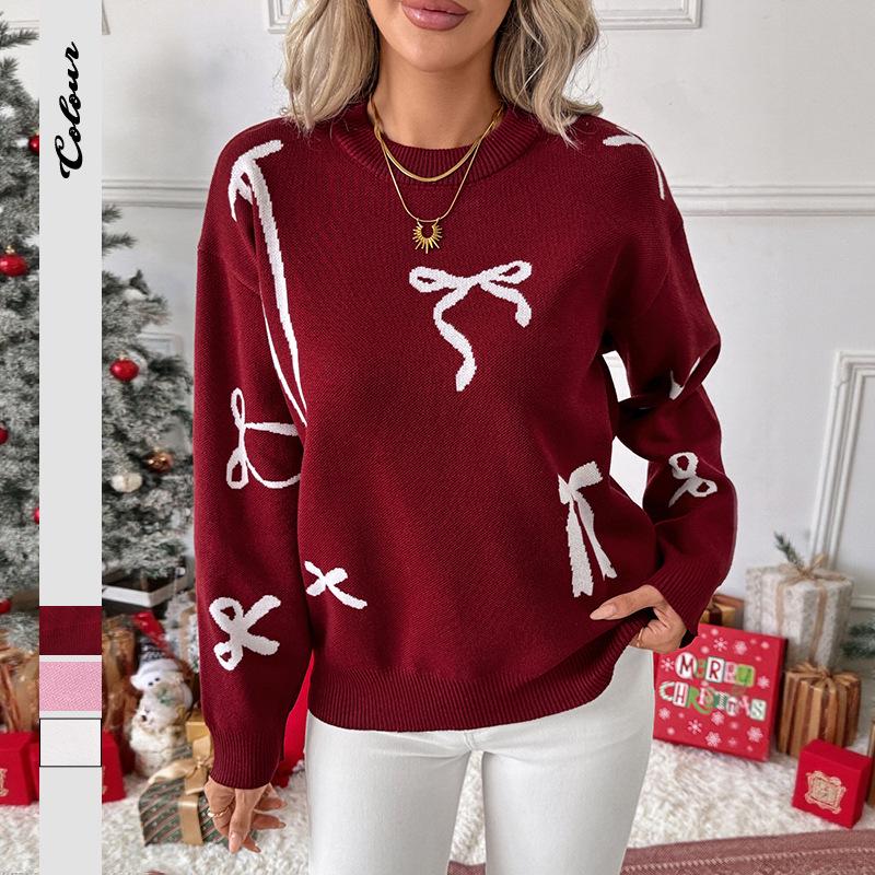 European & American 2025 Autumn/Winter Women's Knit Bow Jacquard Pullover Sweater, Sweet Christmas Style