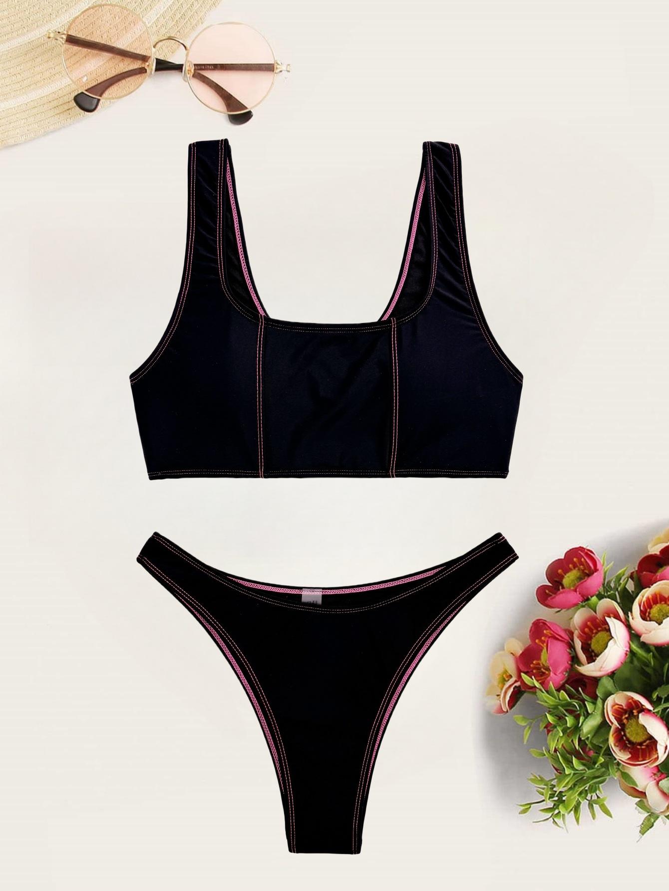 

Женский купальник, однотонный, с круглым вырезом, сексуальный топ на бретелях, бикини со средней талией, пляжная одежда, купальные костюмы M чёрный