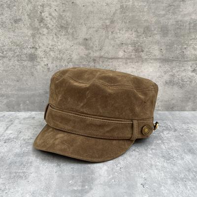 Stylish Maillard Color Tooling Style Buttons Suede Flat Top Equestrian Hat Women'S Face Newsboy Hat